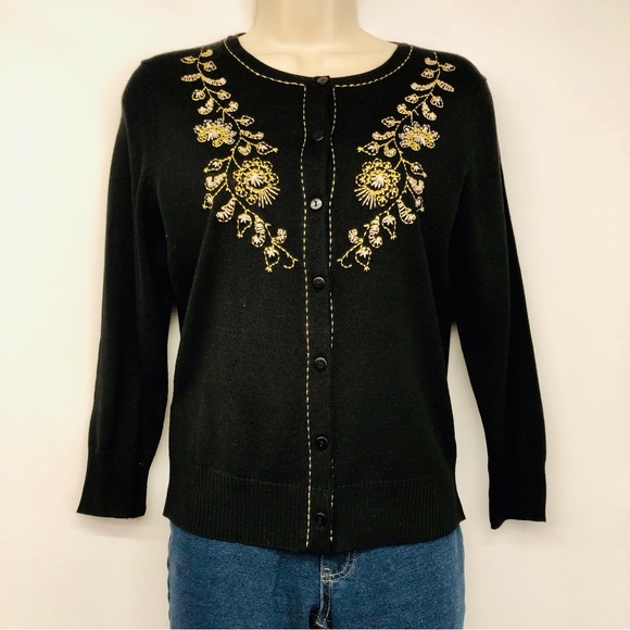 Ann Taylor Black Metalic Embroidered Cardigan - Picture 10 of 16